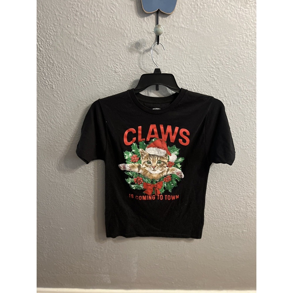 Holiday Time Black Christmas Cat Wreath Print Tee Shirt Size Small